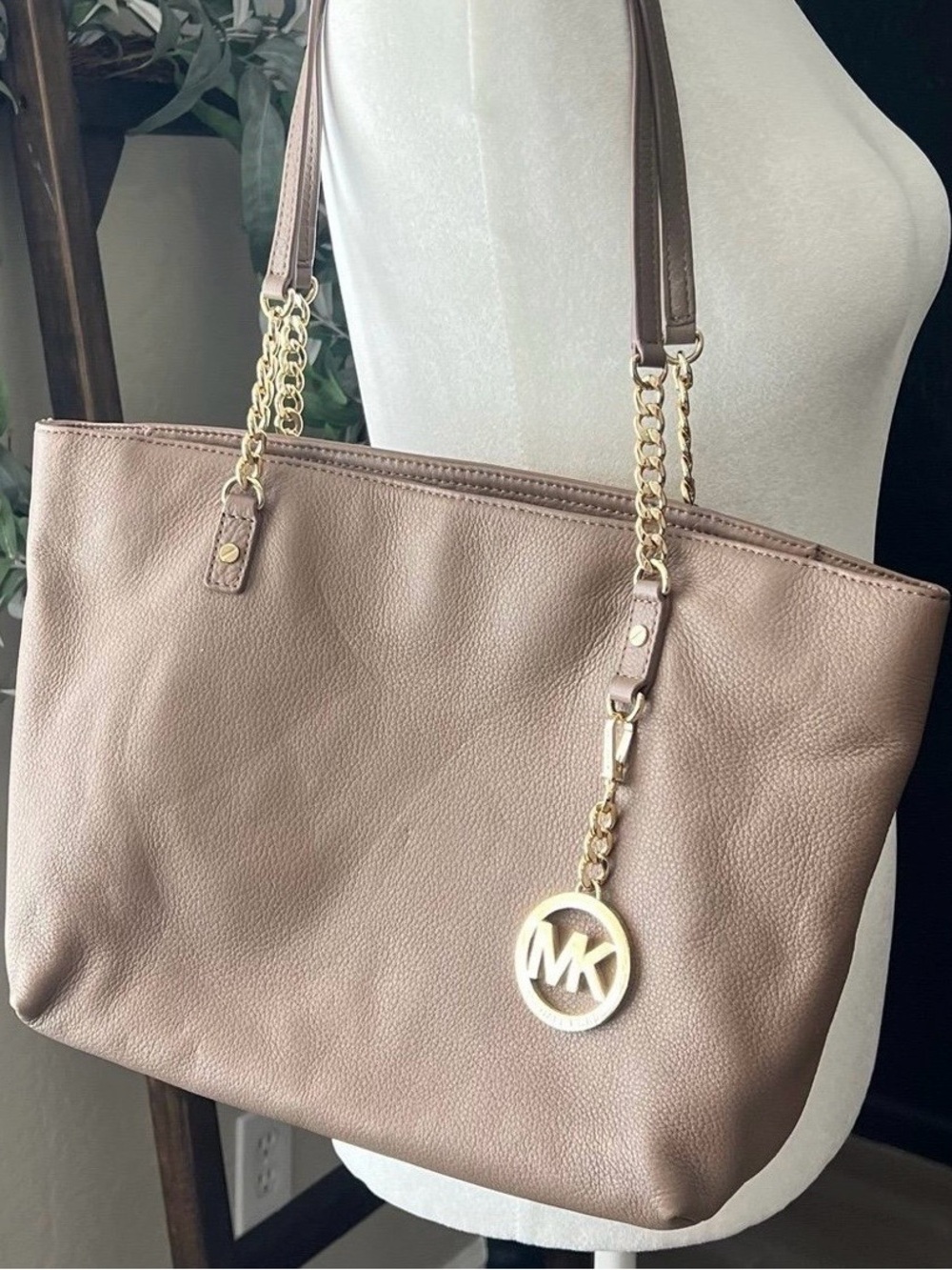 Michael Kors Pebble Leather Taupe Tote with Gold MK Charm. Great condition